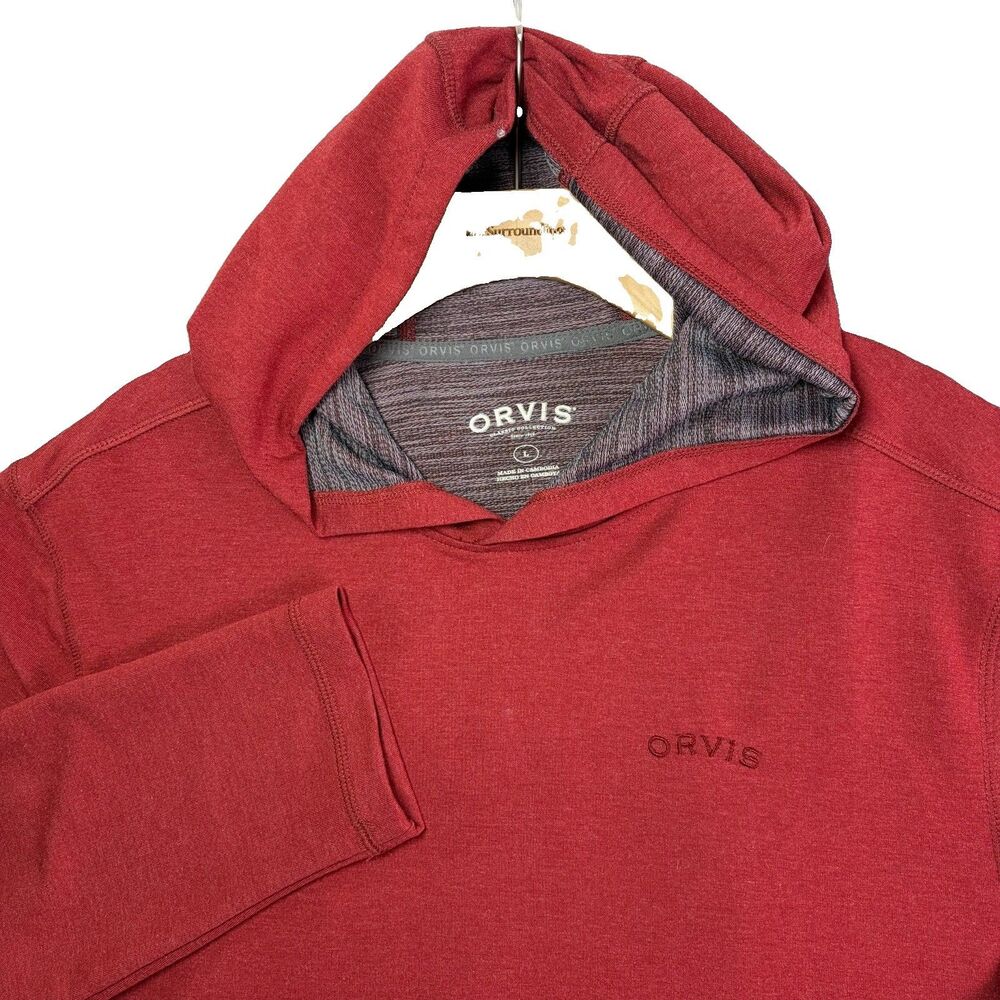 Orvis Classic Hoodie Mens Large Orange Long Sleeve Stretch Lightweight Hiking